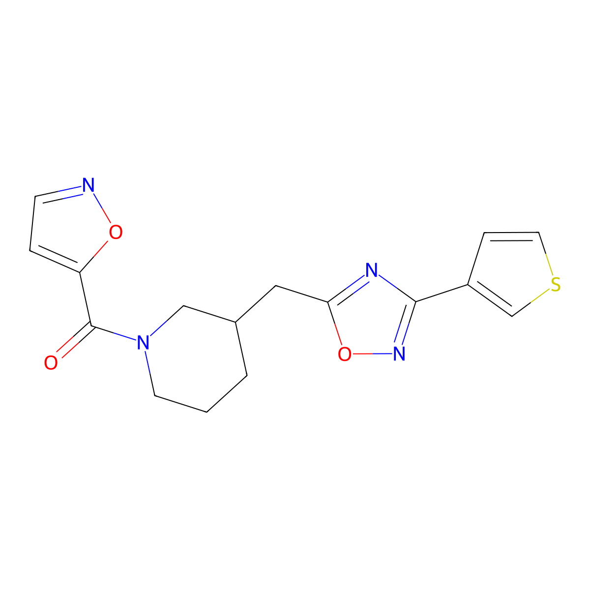 Isoxazol-5-yl(3-((3-(thiophen-3-yl)-1,2,4-oxadiazol-5-yl)methyl)piperidin-1-yl)methanone molecular structure, CAS 1706312-76-6