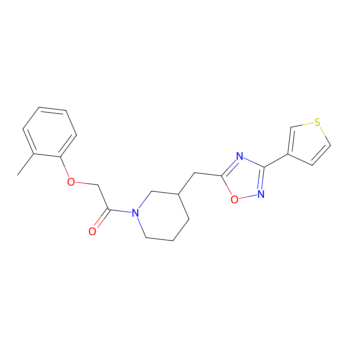 1-(3-((3-(Thiophen-3-yl)-1,2,4-oxadiazol-5-yl)methyl)piperidin-1-yl)-2-(o-tolyloxy)ethanone molecular structure, CAS 1706313-08-7