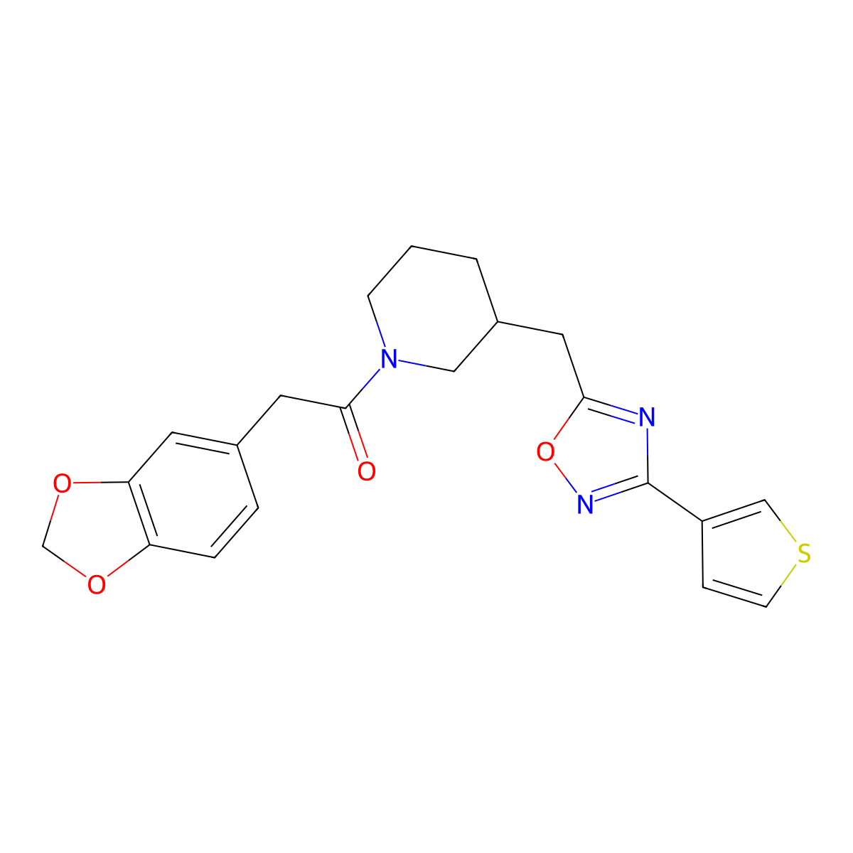 2-(Benzo[d][1,3]dioxol-5-yl)-1-(3-((3-(thiophen-3-yl)-1,2,4-oxadiazol-5-yl)methyl)piperidin-1-yl)ethanone molecular structure, CAS 1706313-29-2