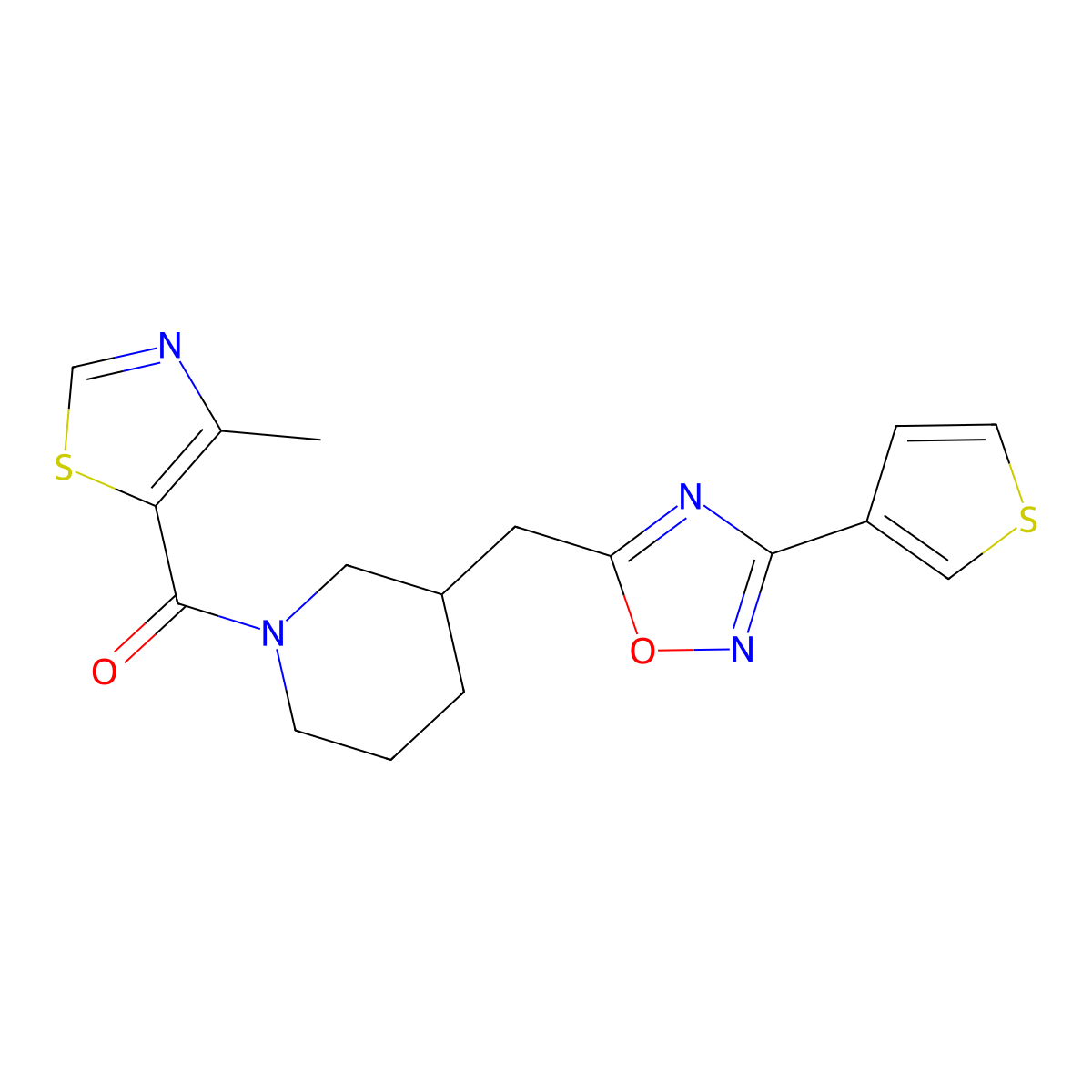 (4-Methylthiazol-5-yl)(3-((3-(thiophen-3-yl)-1,2,4-oxadiazol-5-yl)methyl)piperidin-1-yl)methanone molecular structure, CAS 1706313-41-8