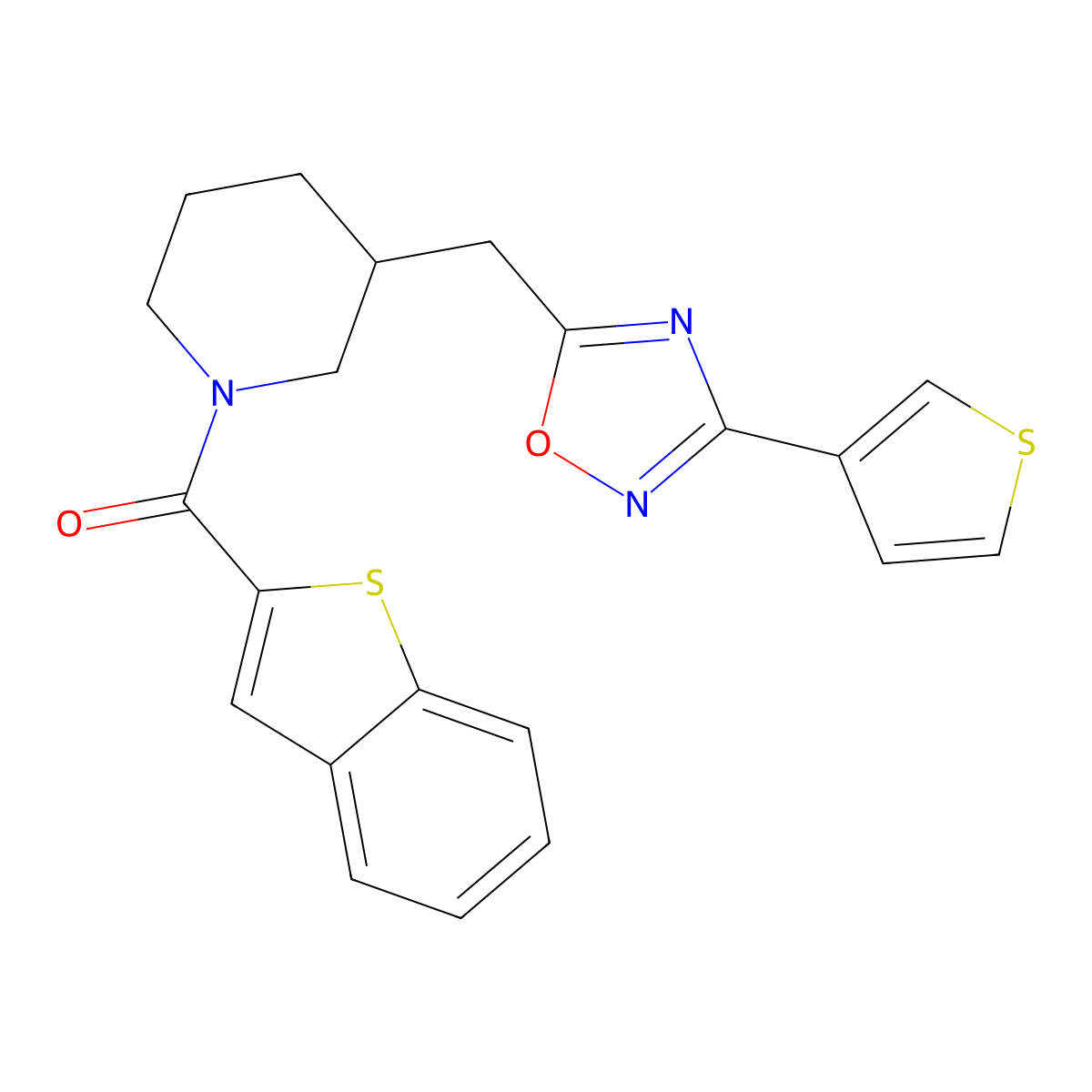 Benzo[b]thiophen-2-yl(3-((3-(thiophen-3-yl)-1,2,4-oxadiazol-5-yl)methyl)piperidin-1-yl)methanone molecular structure, CAS 1706313-45-2