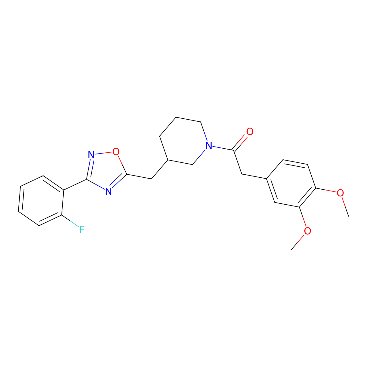 2-(3,4-Dimethoxyphenyl)-1-(3-((3-(2-fluorophenyl)-1,2,4-oxadiazol-5-yl)methyl)piperidin-1-yl)ethanone molecular structure, CAS 1706316-03-1