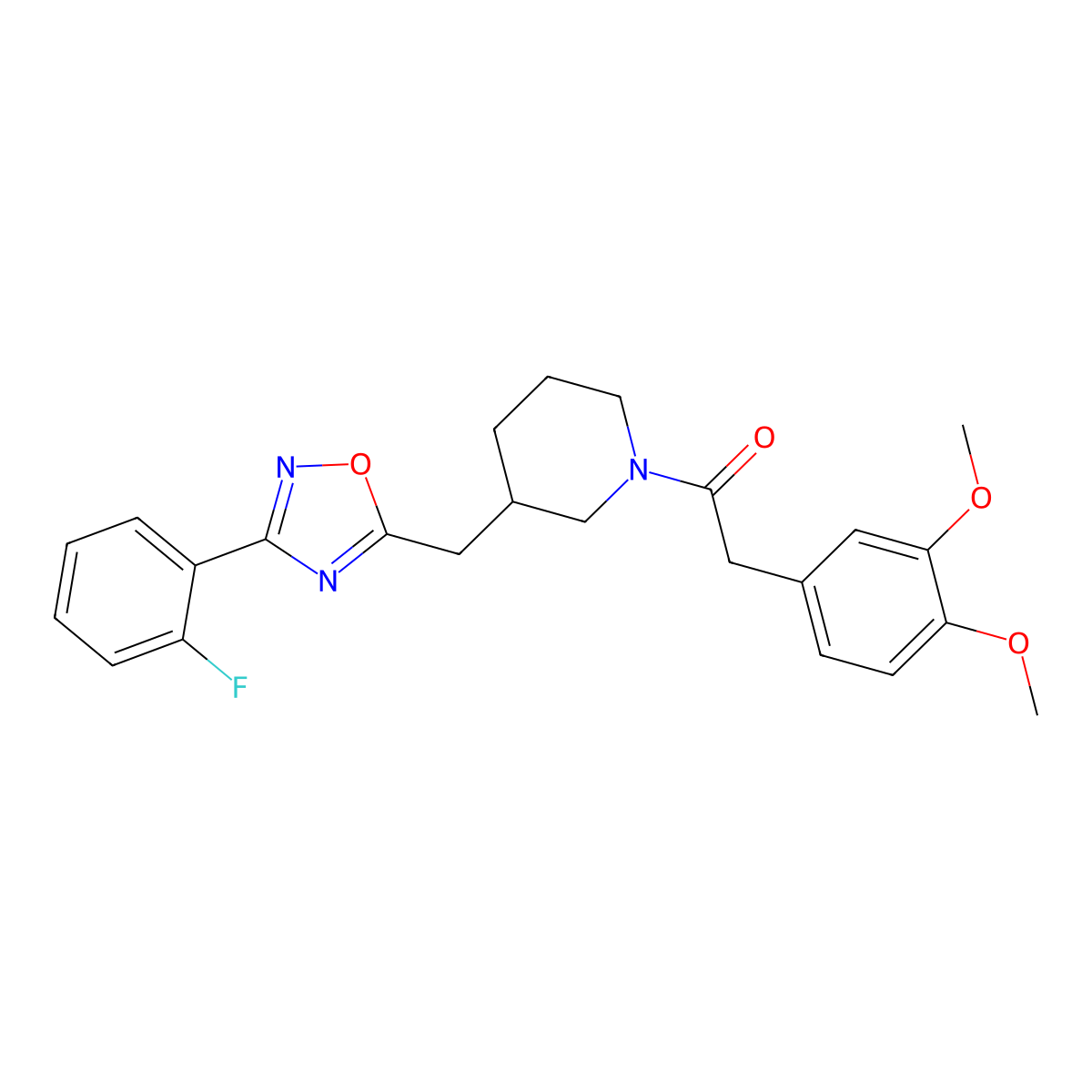 2-(3,4-Dimethoxyphenyl)-1-(3-((3-(2-fluorophenyl)-1,2,4-oxadiazol-5-yl)methyl)piperidin-1-yl)ethanone molecular structure, CAS 1706316-03-1