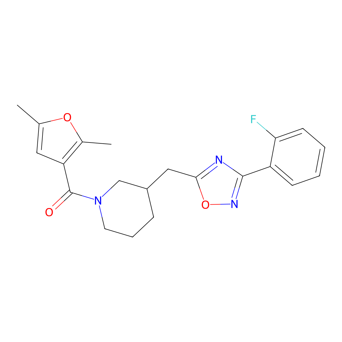 (2,5-Dimethylfuran-3-yl)(3-((3-(2-fluorophenyl)-1,2,4-oxadiazol-5-yl)methyl)piperidin-1-yl)methanone molecular structure, CAS 1706316-07-5