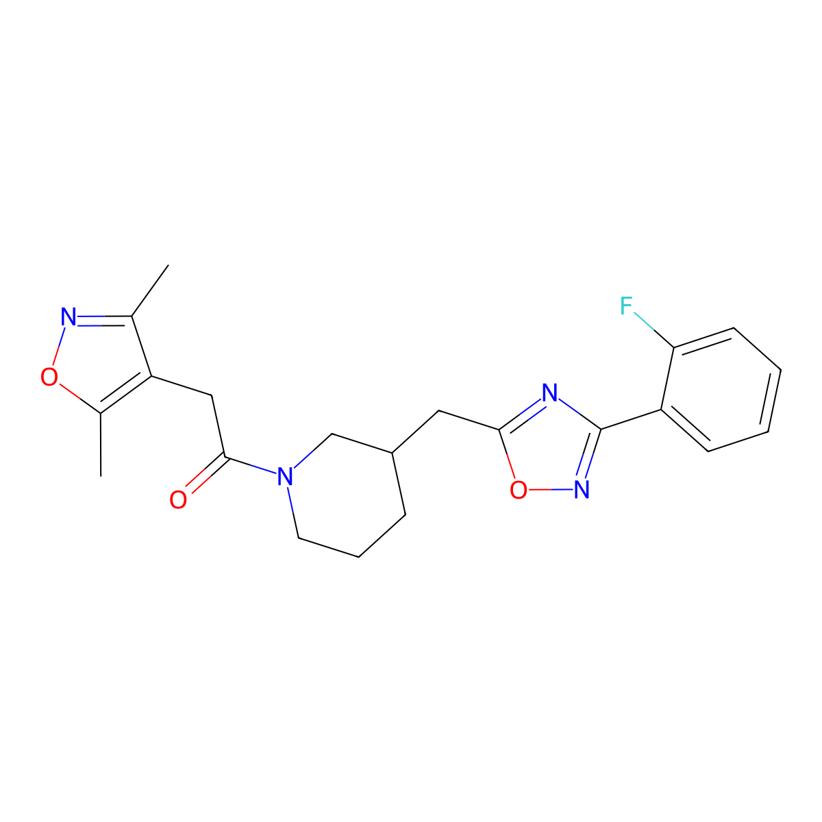 2-(3,5-Dimethylisoxazol-4-yl)-1-(3-((3-(2-fluorophenyl)-1,2,4-oxadiazol-5-yl)methyl)piperidin-1-yl)ethanone molecular structure, CAS 1706316-21-3