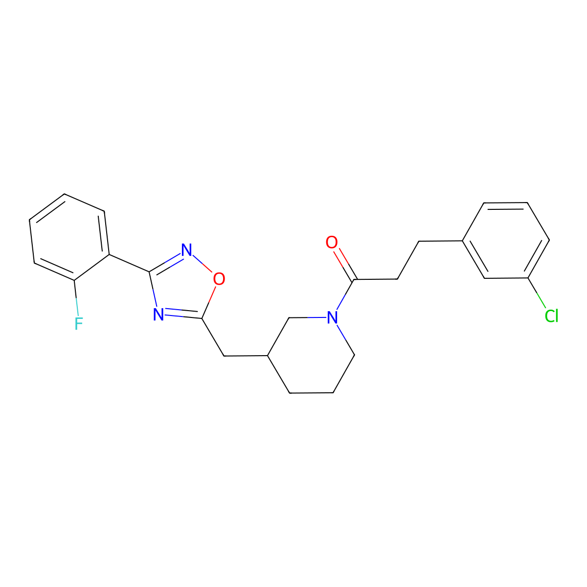 3-(3-Chlorophenyl)-1-(3-((3-(2-fluorophenyl)-1,2,4-oxadiazol-5-yl)methyl)piperidin-1-yl)propan-1-one molecular structure, CAS 1706316-27-9