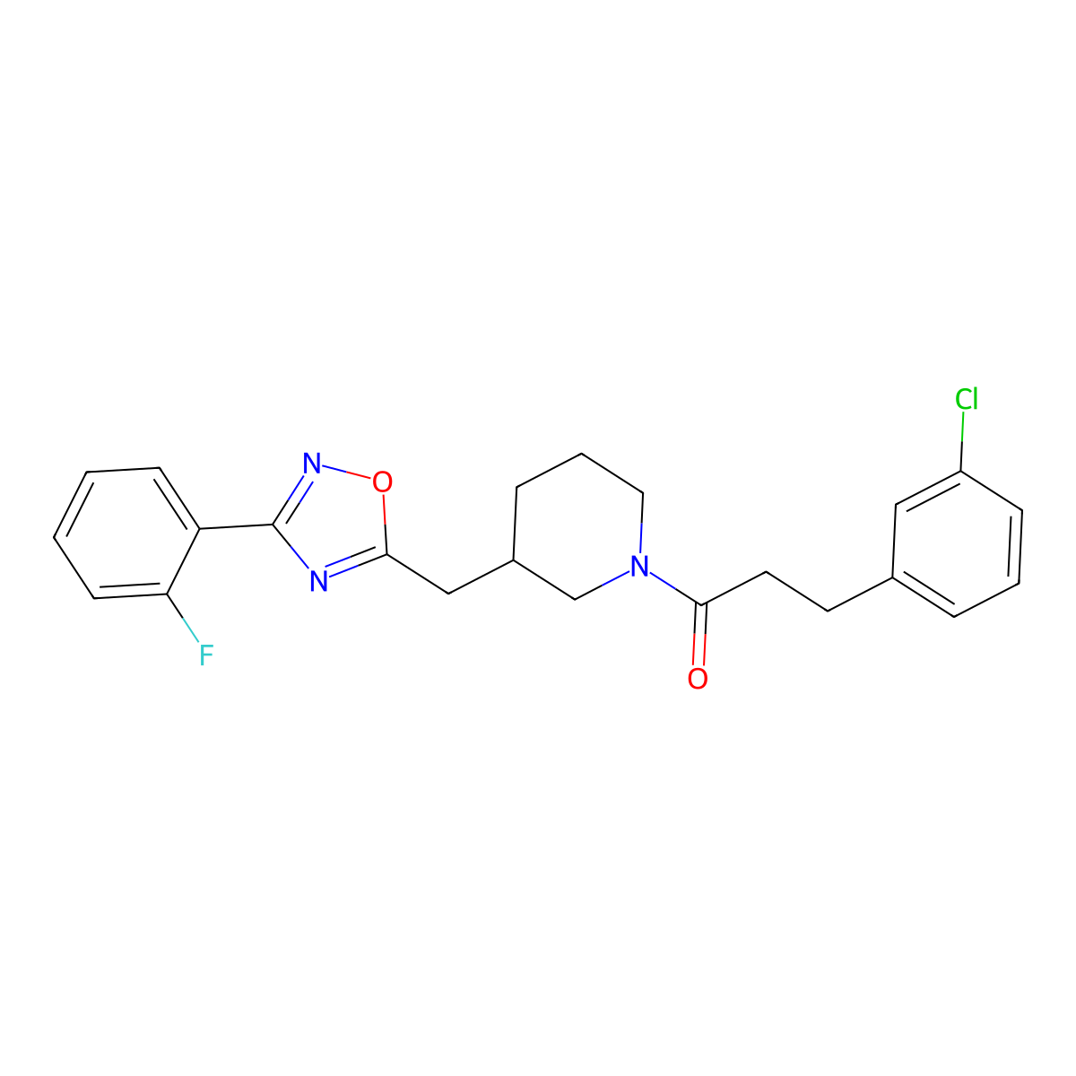 3-(3-Chlorophenyl)-1-(3-((3-(2-fluorophenyl)-1,2,4-oxadiazol-5-yl)methyl)piperidin-1-yl)propan-1-one molecular structure, CAS 1706316-27-9