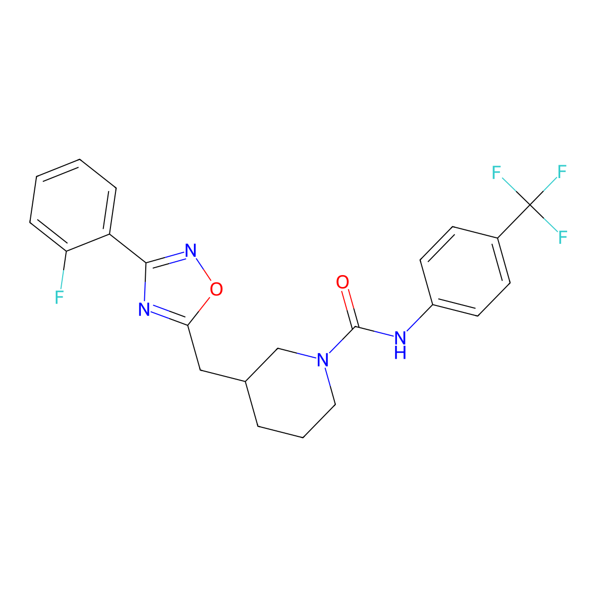 3-((3-(2-fluorophenyl)-1,2,4-oxadiazol-5-yl)methyl)-N-(4-(trifluoromethyl)phenyl)piperidine-1-carboxamide molecular structure, CAS 1706316-38-2