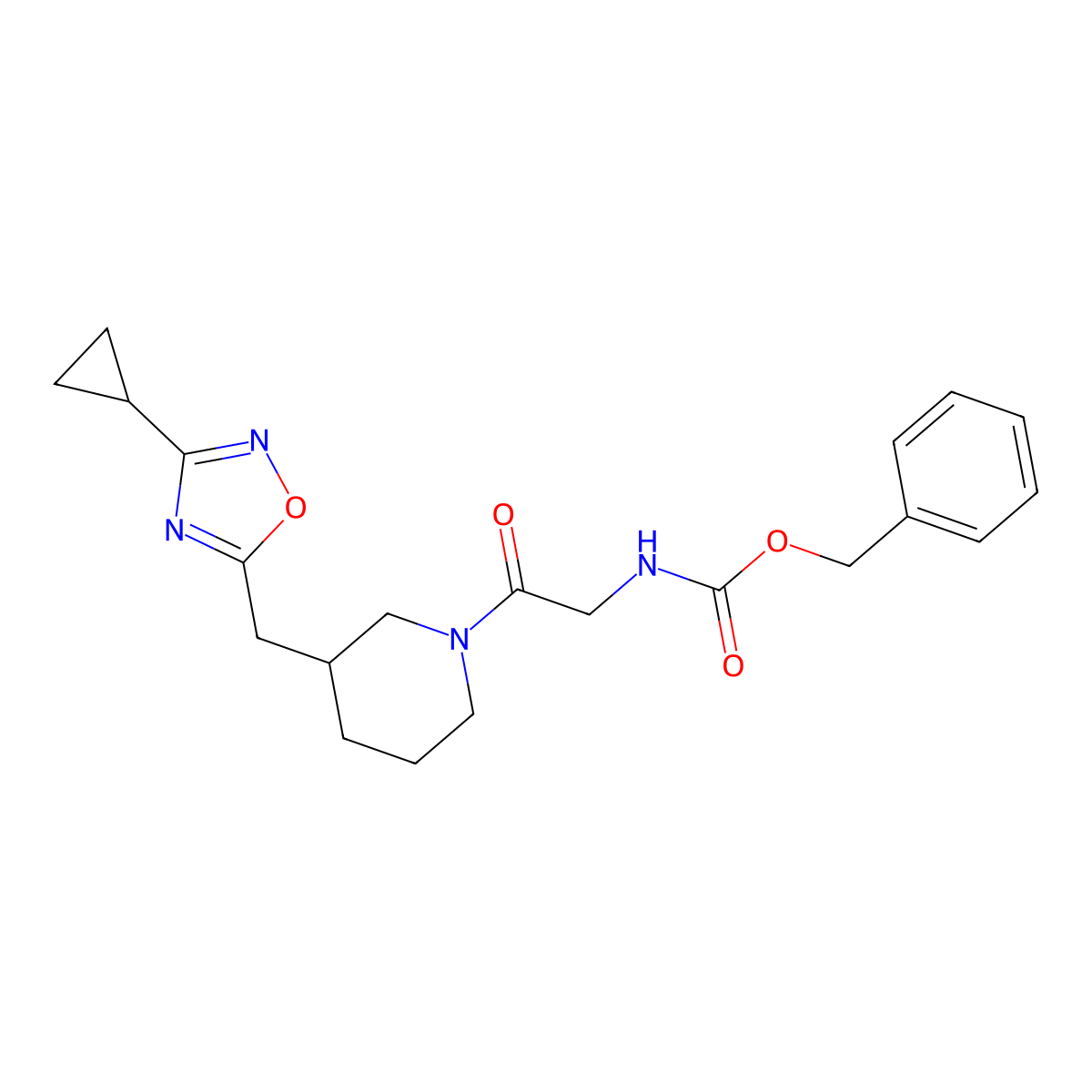 Benzyl (2-(3-((3-cyclopropyl-1,2,4-oxadiazol-5-yl)methyl)piperidin-1-yl)-2-oxoethyl)carbamate molecular structure, CAS 1706316-80-4