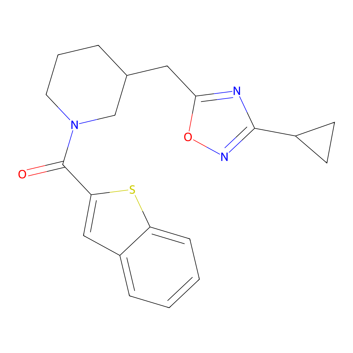 Benzo[b]thiophen-2-yl(3-((3-cyclopropyl-1,2,4-oxadiazol-5-yl)methyl)piperidin-1-yl)methanone molecular structure, CAS 1706316-91-7