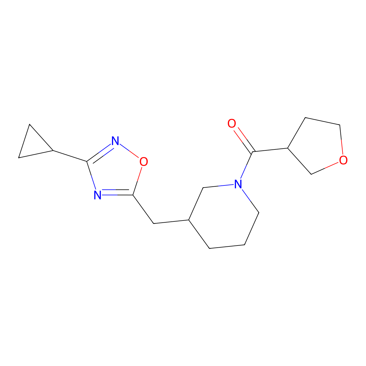 (3-((3-Cyclopropyl-1,2,4-oxadiazol-5-yl)methyl)piperidin-1-yl)(tetrahydrofuran-3-yl)methanone molecular structure, CAS 1706317-01-2