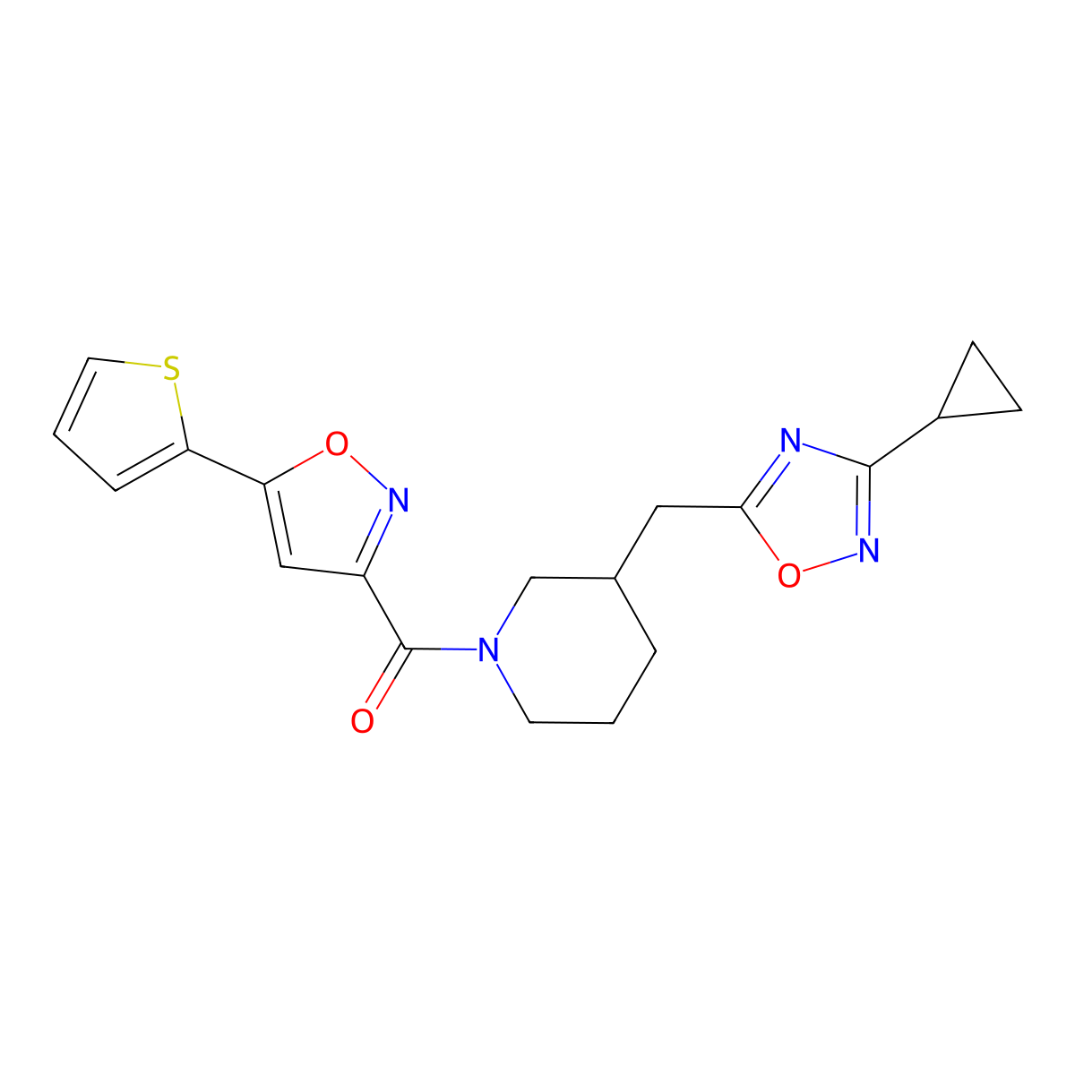 (3-((3-Cyclopropyl-1,2,4-oxadiazol-5-yl)methyl)piperidin-1-yl)(5-(thiophen-2-yl)isoxazol-3-yl)methanone molecular structure, CAS 1706317-07-8