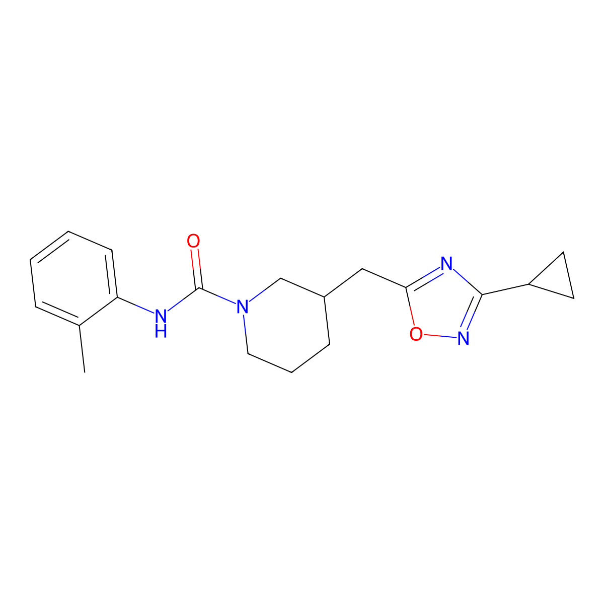 3-((3-cyclopropyl-1,2,4-oxadiazol-5-yl)methyl)-N-(o-tolyl)piperidine-1-carboxamide molecular structure, CAS 1706317-11-4