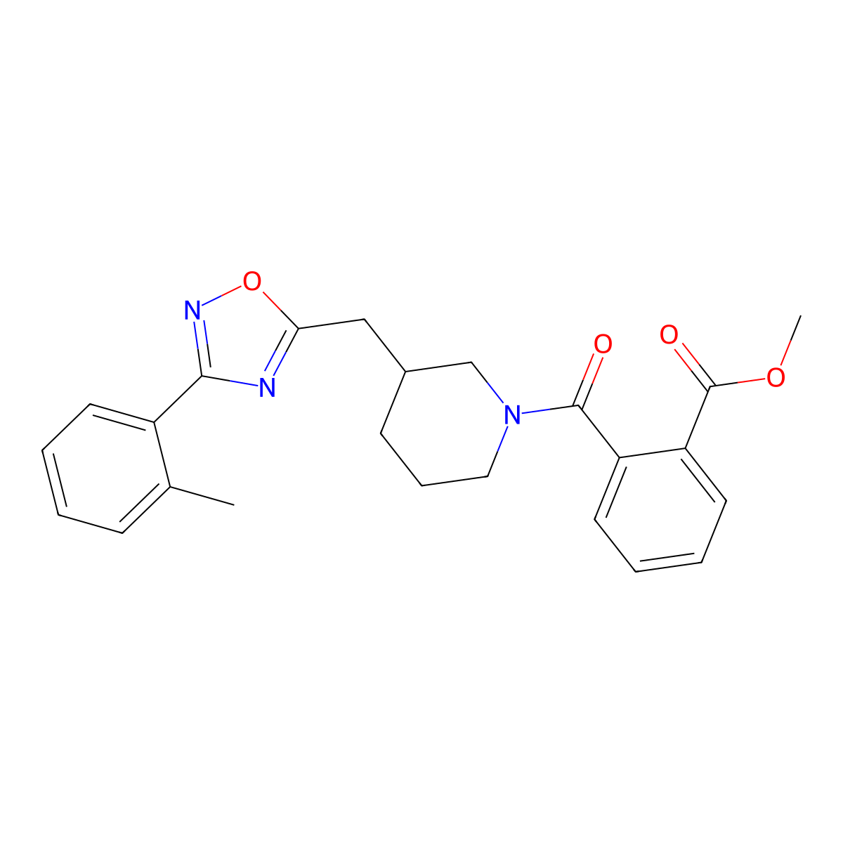Methyl 2-(3-((3-(o-tolyl)-1,2,4-oxadiazol-5-yl)methyl)piperidine-1-carbonyl)benzoate molecular structure, CAS 1706318-06-0