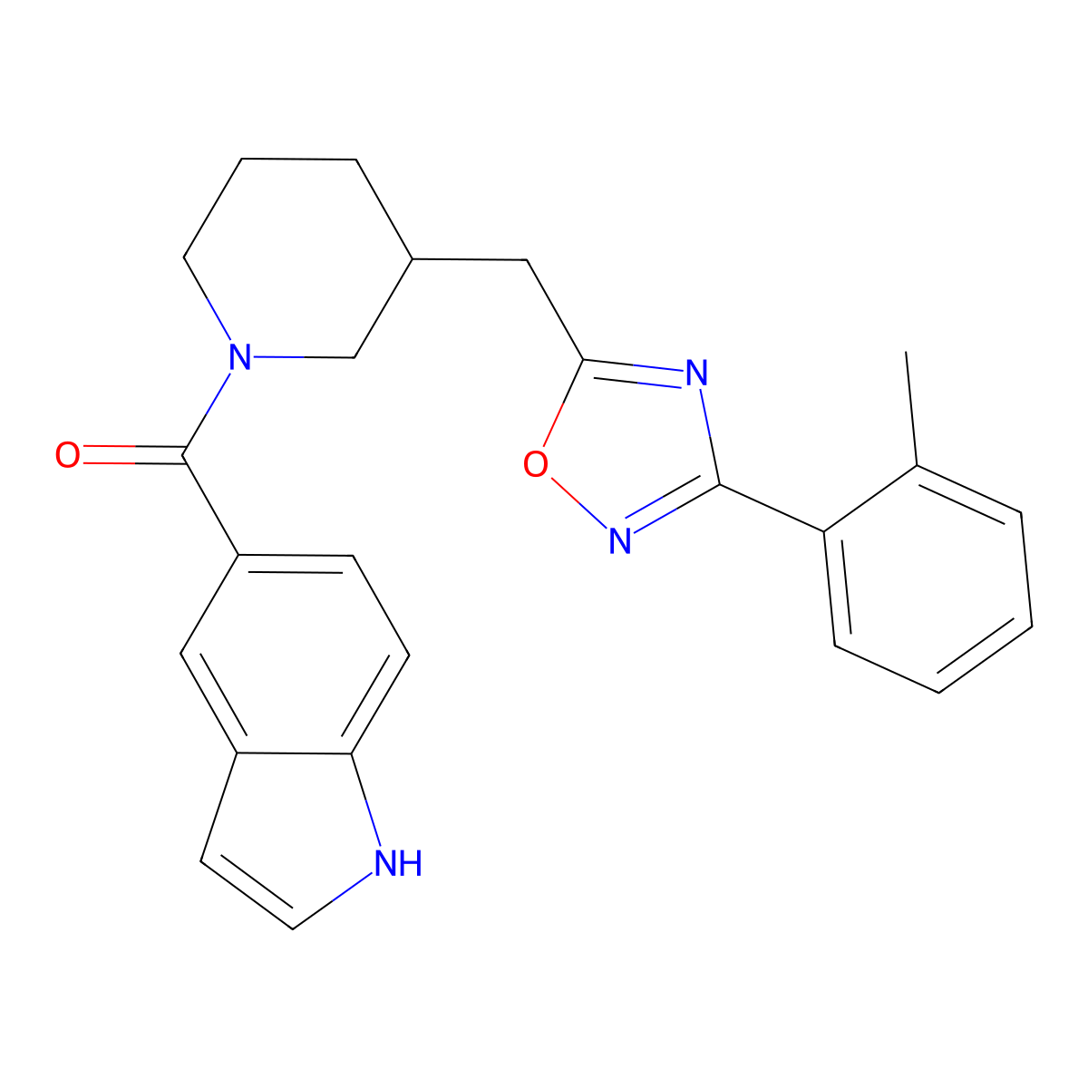 (1H-indol-5-yl)(3-((3-(o-tolyl)-1,2,4-oxadiazol-5-yl)methyl)piperidin-1-yl)methanone molecular structure, CAS 1706318-45-7