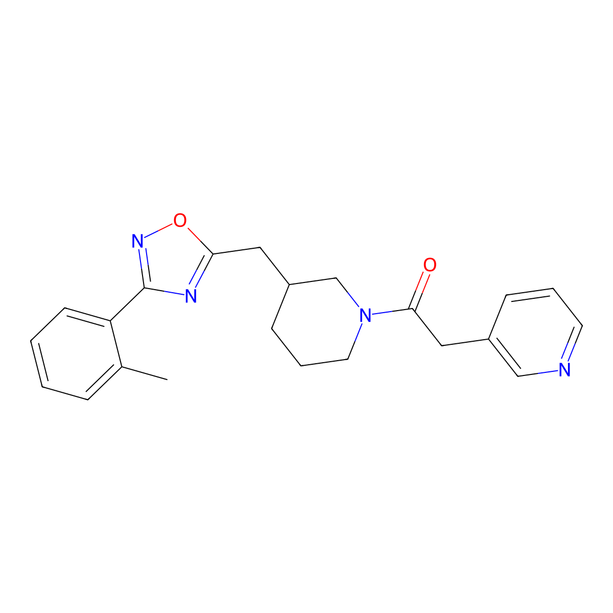 2-(Pyridin-3-yl)-1-(3-((3-(o-tolyl)-1,2,4-oxadiazol-5-yl)methyl)piperidin-1-yl)ethanone molecular structure, CAS 1706318-79-7