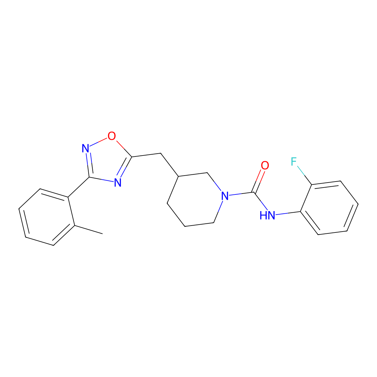 N-(2-fluorophenyl)-3-((3-(o-tolyl)-1,2,4-oxadiazol-5-yl)methyl)piperidine-1-carboxamide molecular structure, CAS 1706318-96-8