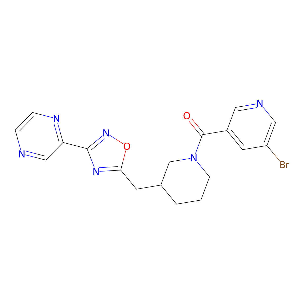 (5-Bromopyridin-3-yl)(3-((3-(pyrazin-2-yl)-1,2,4-oxadiazol-5-yl)methyl)piperidin-1-yl)methanone molecular structure, CAS 1706319-72-3