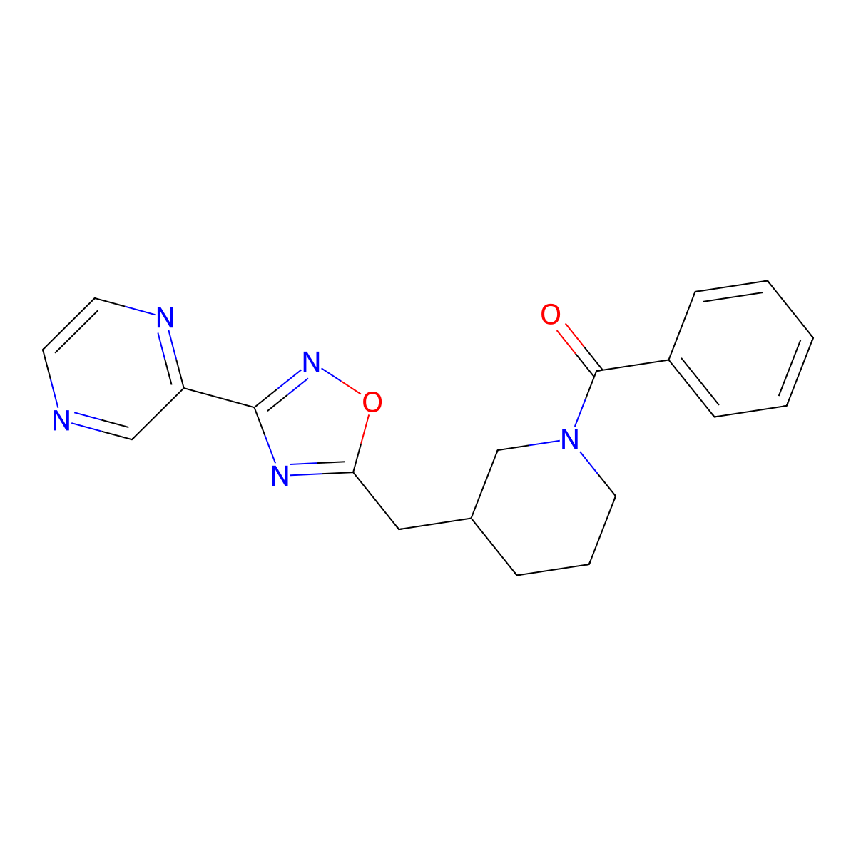 Phenyl(3-((3-(pyrazin-2-yl)-1,2,4-oxadiazol-5-yl)methyl)piperidin-1-yl)methanone molecular structure, CAS 1706319-85-8