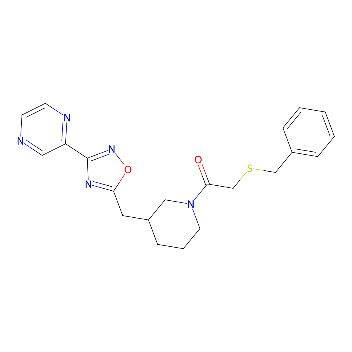 2-(Benzylthio)-1-(3-((3-(pyrazin-2-yl)-1,2,4-oxadiazol-5-yl)methyl)piperidin-1-yl)ethanone molecular structure, CAS 1706320-36-6