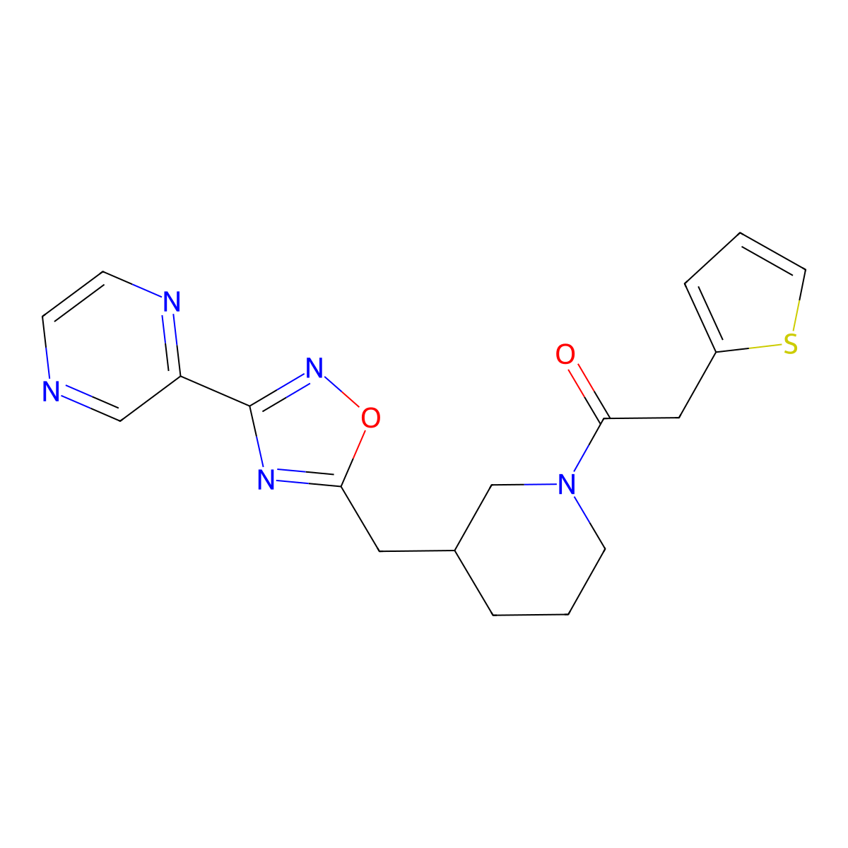 1-(3-((3-(Pyrazin-2-yl)-1,2,4-oxadiazol-5-yl)methyl)piperidin-1-yl)-2-(thiophen-2-yl)ethanone molecular structure, CAS 1706320-47-9