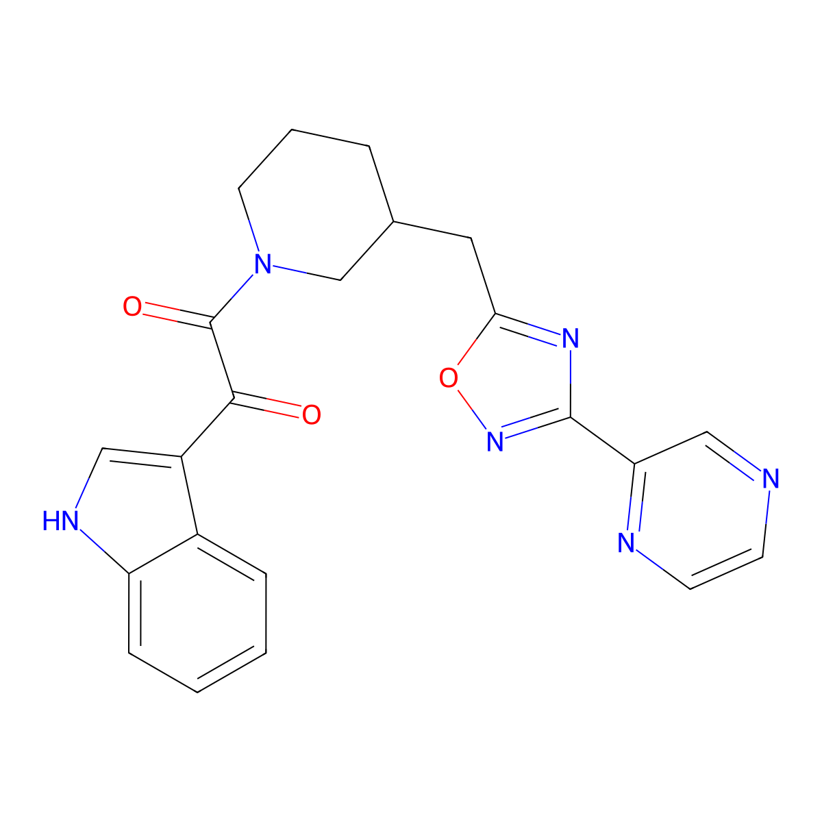 1-(1H-indol-3-yl)-2-(3-((3-(pyrazin-2-yl)-1,2,4-oxadiazol-5-yl)methyl)piperidin-1-yl)ethane-1,2-dione molecular structure, CAS 1706320-52-6