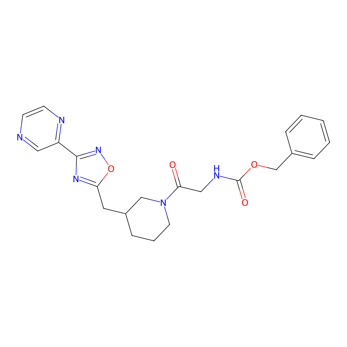 Benzyl (2-oxo-2-(3-((3-(pyrazin-2-yl)-1,2,4-oxadiazol-5-yl)methyl)piperidin-1-yl)ethyl)carbamate molecular structure, CAS 1706320-71-9