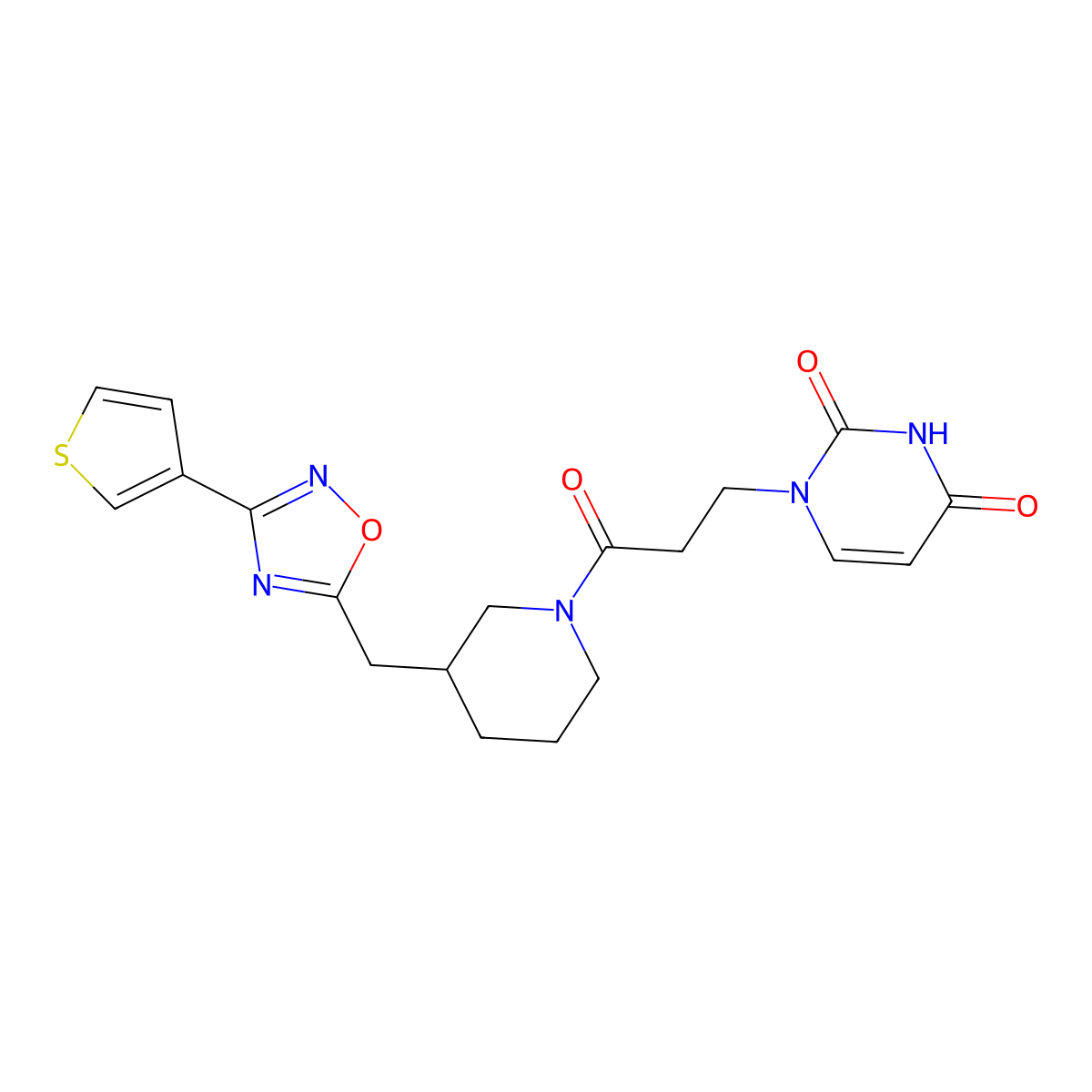 1-(3-oxo-3-(3-((3-(thiophen-3-yl)-1,2,4-oxadiazol-5-yl)methyl)piperidin-1-yl)propyl)pyrimidine-2,4(1H,3H)-dione molecular structure, CAS 1706321-48-3