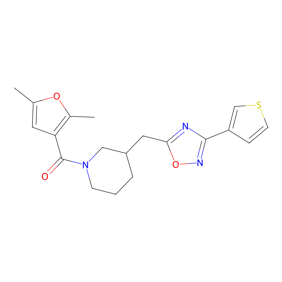 (2,5-Dimethylfuran-3-yl)(3-((3-(thiophen-3-yl)-1,2,4-oxadiazol-5-yl)methyl)piperidin-1-yl)methanone molecular structure, CAS 1706321-97-2