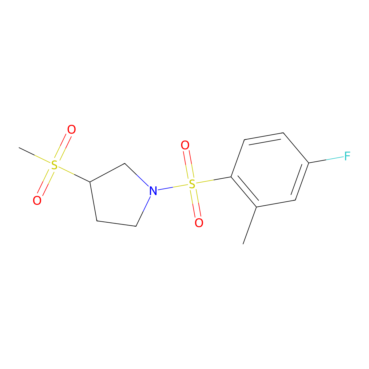 1-((4-Fluoro-2-methylphenyl)sulfonyl)-3-(methylsulfonyl)pyrrolidine molecular structure, CAS 1706327-97-0