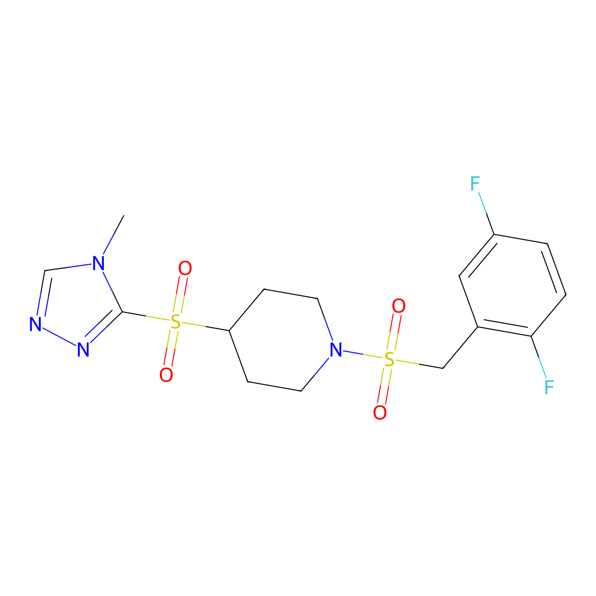 1-((2,5-difluorobenzyl)sulfonyl)-4-((4-methyl-4H-1,2,4-triazol-3-yl)sulfonyl)piperidine molecular structure, CAS 1706338-20-6
