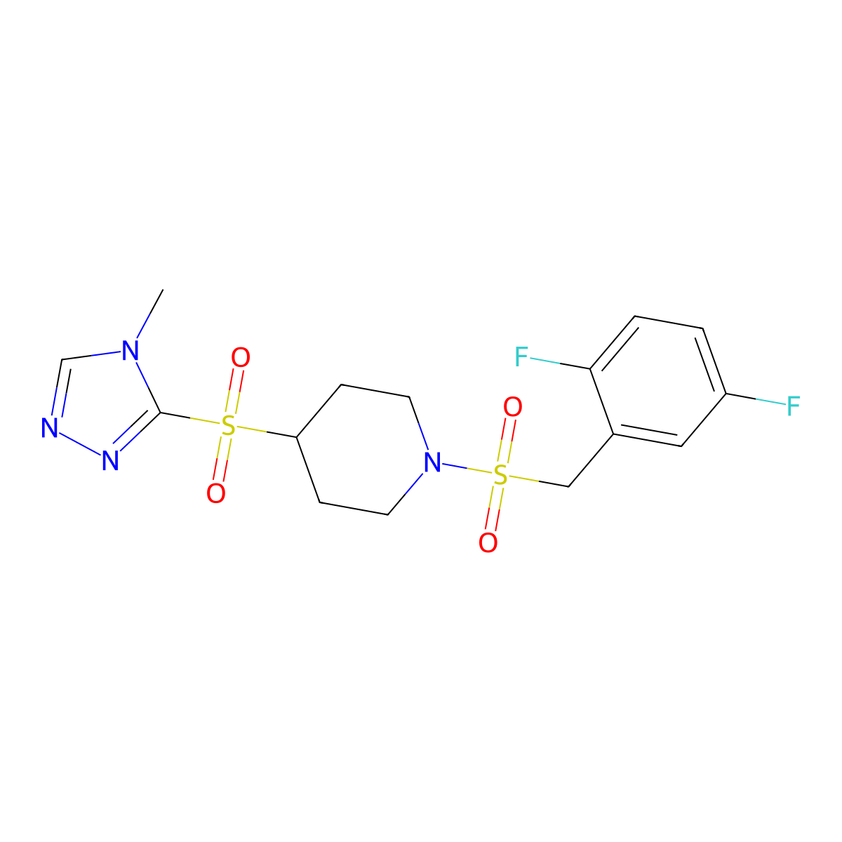 1-((2,5-difluorobenzyl)sulfonyl)-4-((4-methyl-4H-1,2,4-triazol-3-yl)sulfonyl)piperidine molecular structure, CAS 1706338-20-6