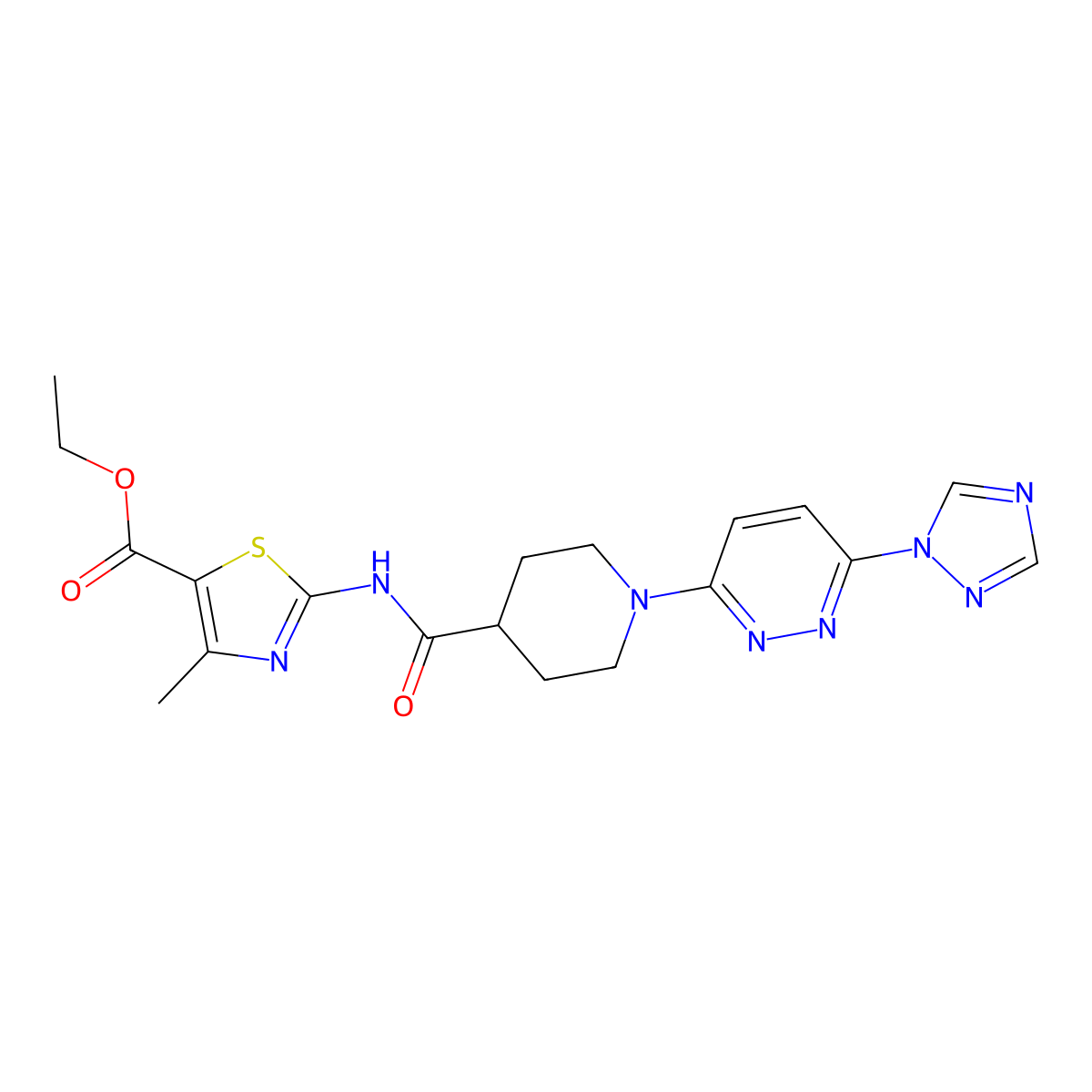ethyl 2-(1-(6-(1H-1,2,4-triazol-1-yl)pyridazin-3-yl)piperidine-4-carboxamido)-4-methylthiazole-5-carboxylate molecular structure, CAS 1706342-76-8