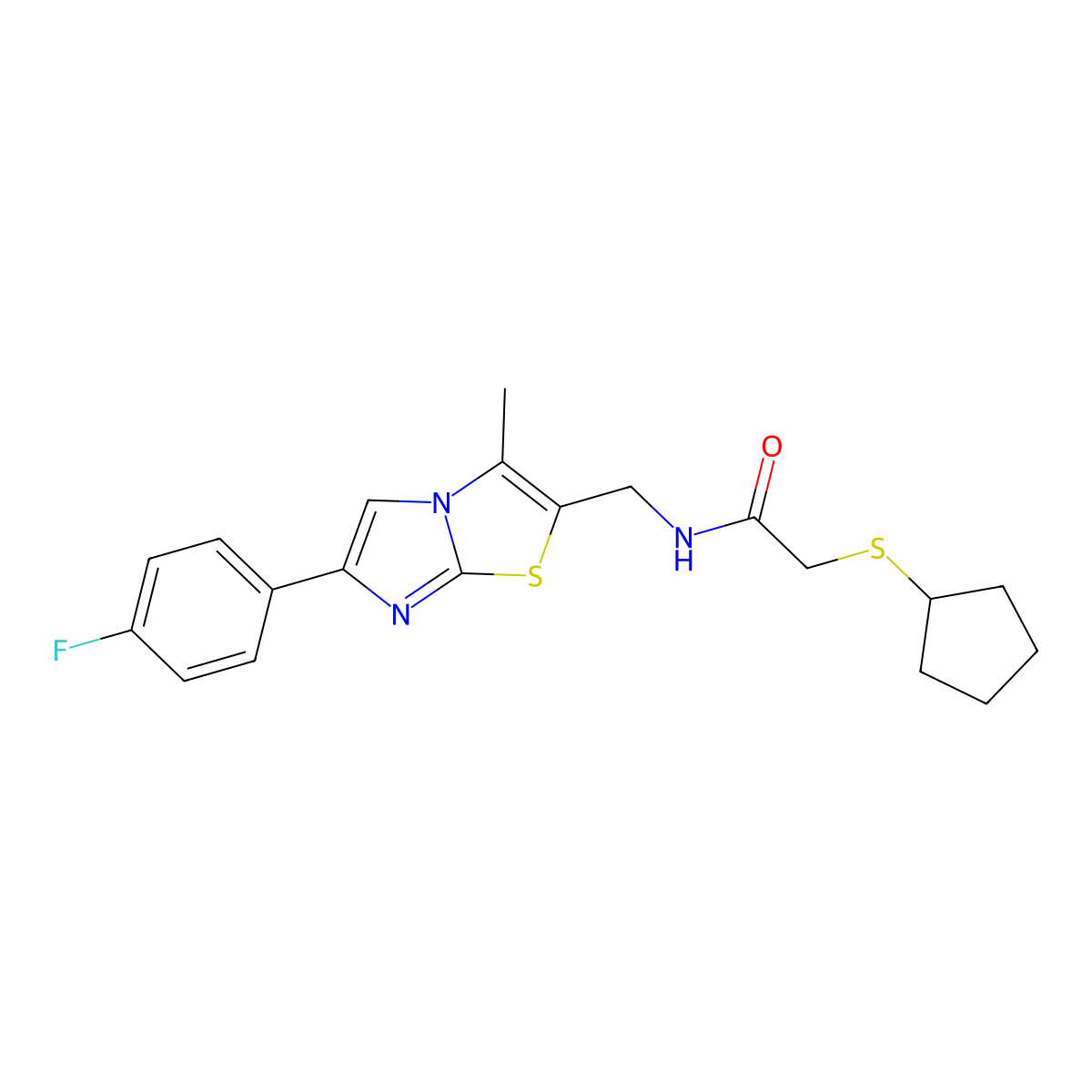 2-(cyclopentylthio)-N-((6-(4-fluorophenyl)-3-methylimidazo[2,1-b]thiazol-2-yl)methyl)acetamide molecular structure, CAS 1706366-69-9