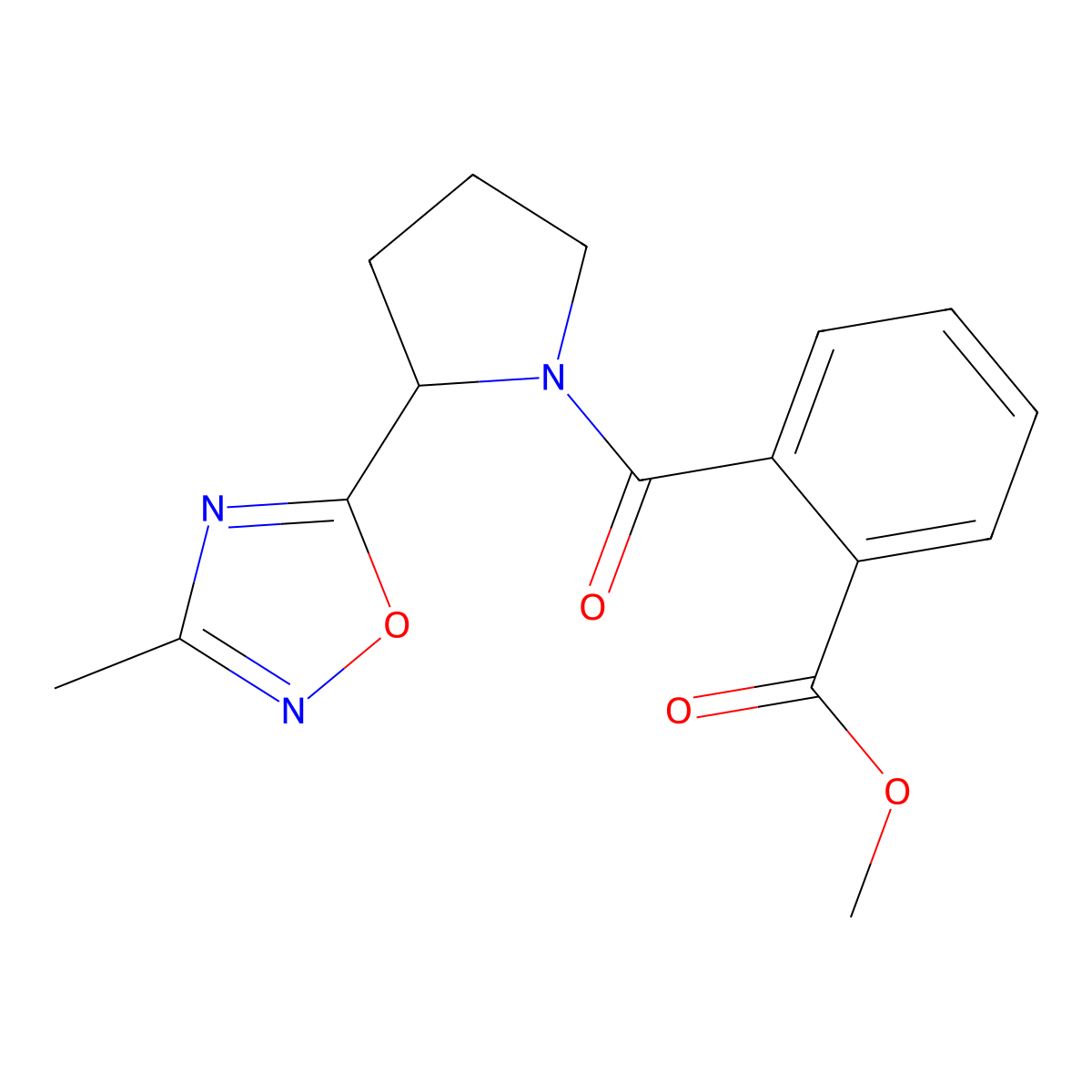 Methyl 2-[2-(3-methyl-1,2,4-oxadiazol-5-yl)pyrrolidine-1-carbonyl]benzoate molecular structure, CAS 1706366-74-6