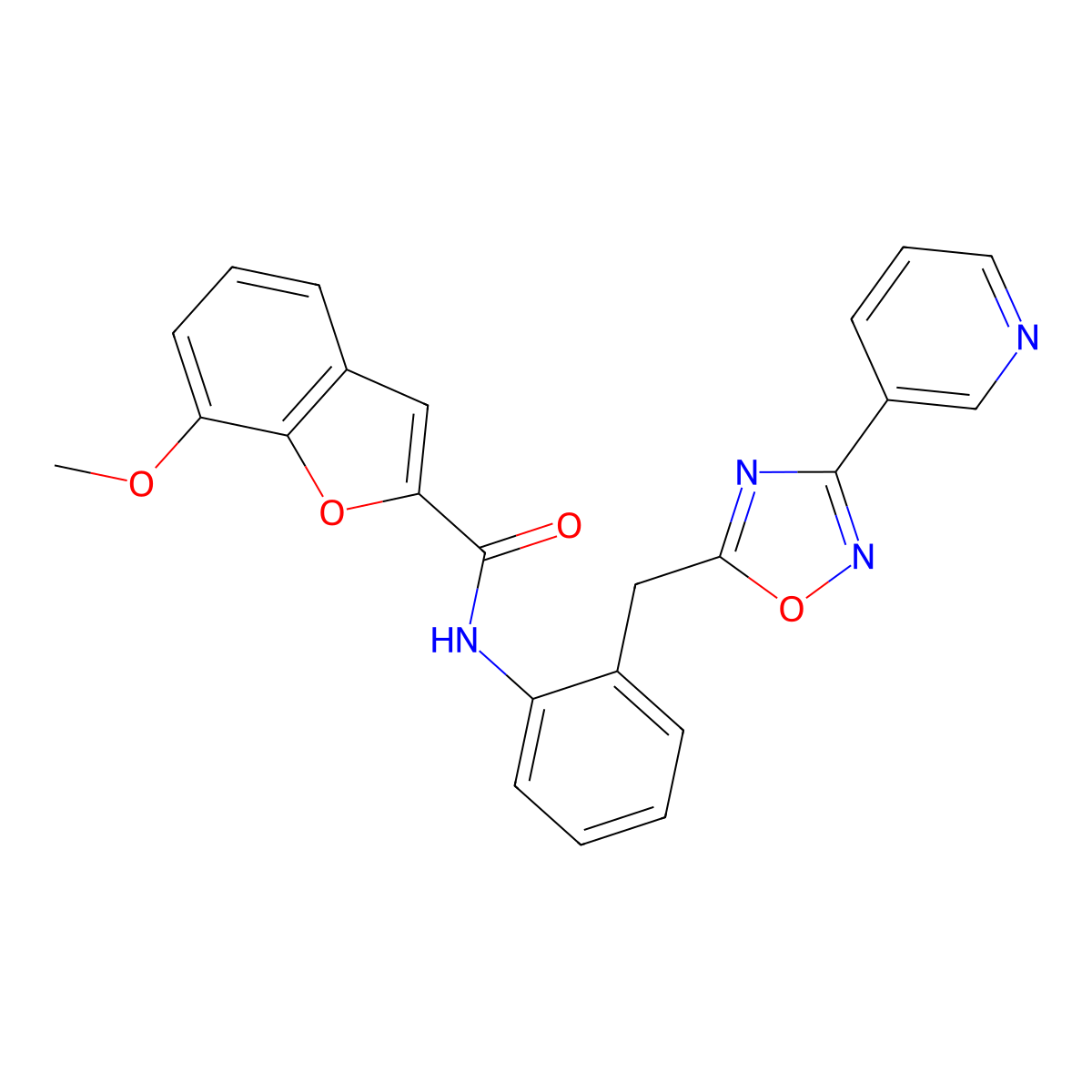 7-methoxy-N-(2-((3-(pyridin-3-yl)-1,2,4-oxadiazol-5-yl)methyl)phenyl)benzofuran-2-carboxamide molecular structure, CAS 1706378-52-0
