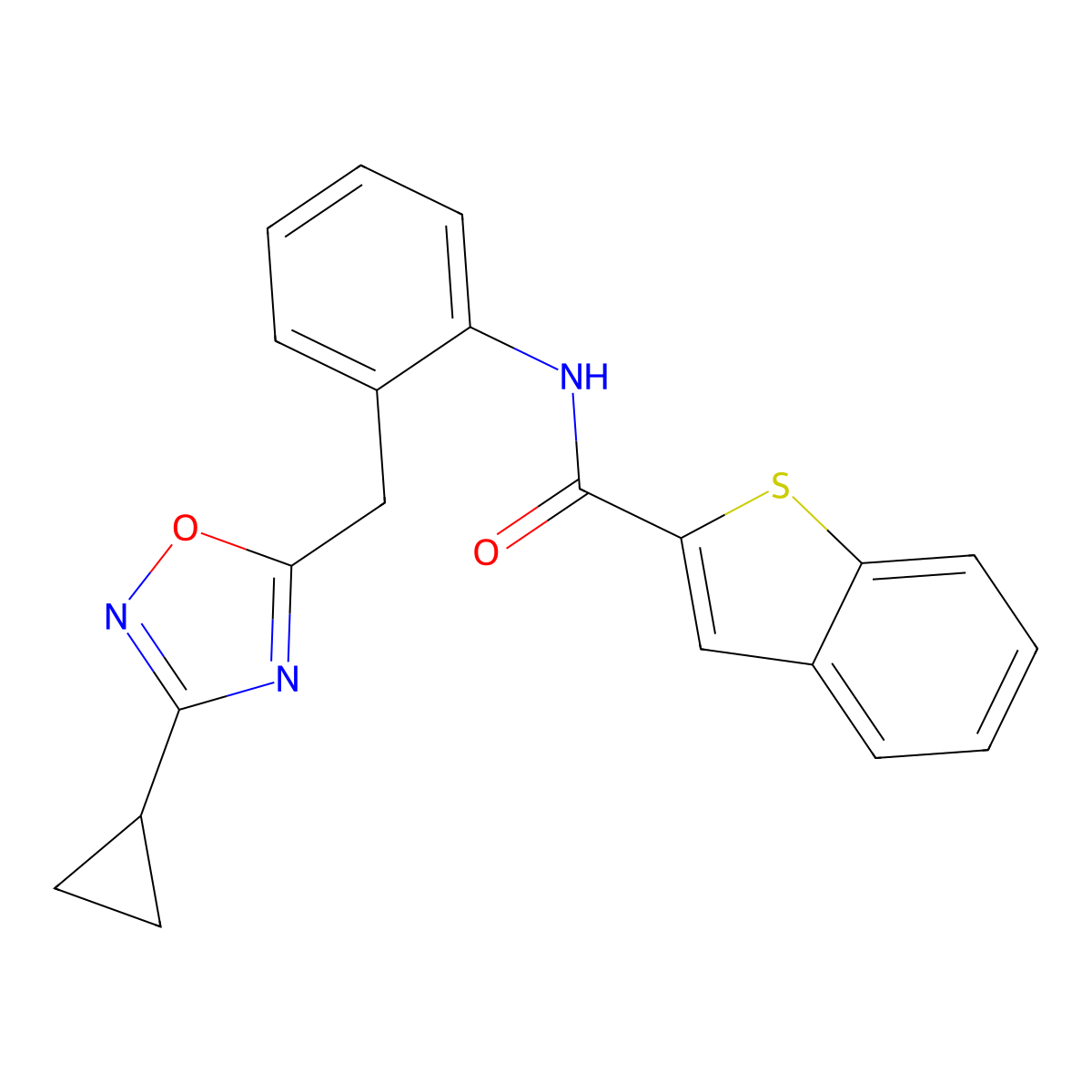 N-(2-((3-cyclopropyl-1,2,4-oxadiazol-5-yl)methyl)phenyl)benzo[b]thiophene-2-carboxamide molecular structure, CAS 1706386-26-6