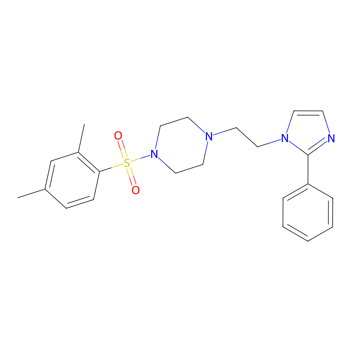 1-((2,4-dimethylphenyl)sulfonyl)-4-(2-(2-phenyl-1H-imidazol-1-yl)ethyl)piperazine molecular structure, CAS 1706396-64-6