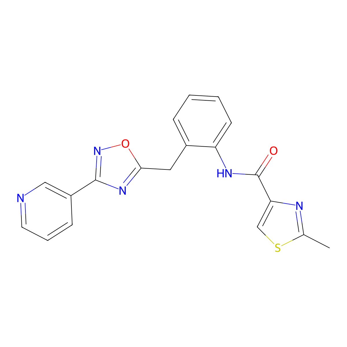 2-methyl-N-(2-((3-(pyridin-3-yl)-1,2,4-oxadiazol-5-yl)methyl)phenyl)thiazole-4-carboxamide molecular structure, CAS 1706400-96-5