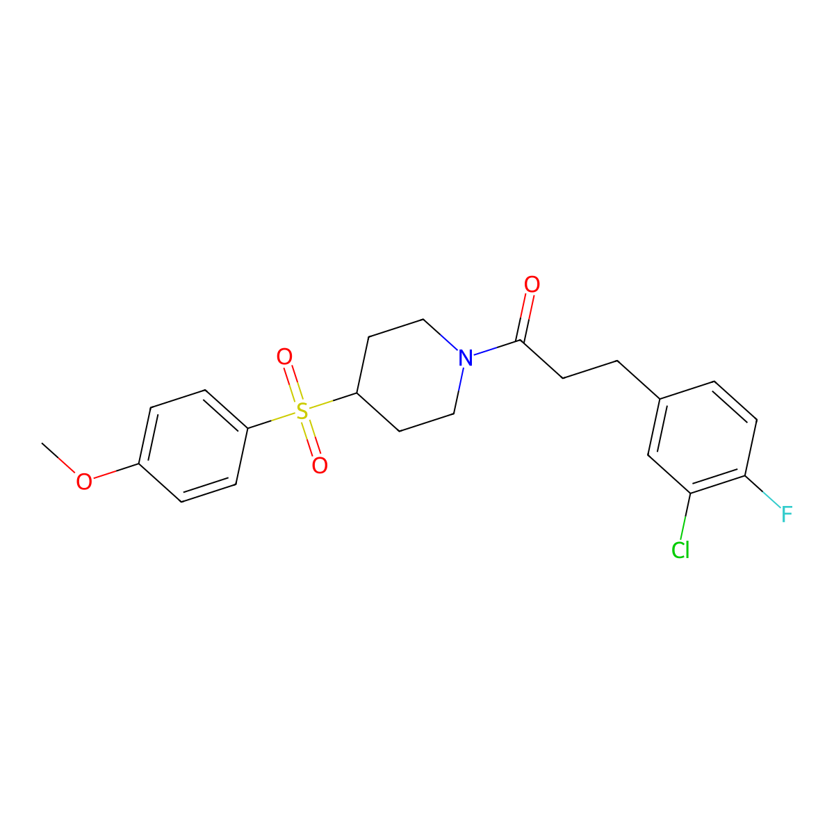 3-(3-Chloro-4-fluorophenyl)-1-(4-((4-methoxyphenyl)sulfonyl)piperidin-1-yl)propan-1-one molecular structure, CAS 1706405-61-9