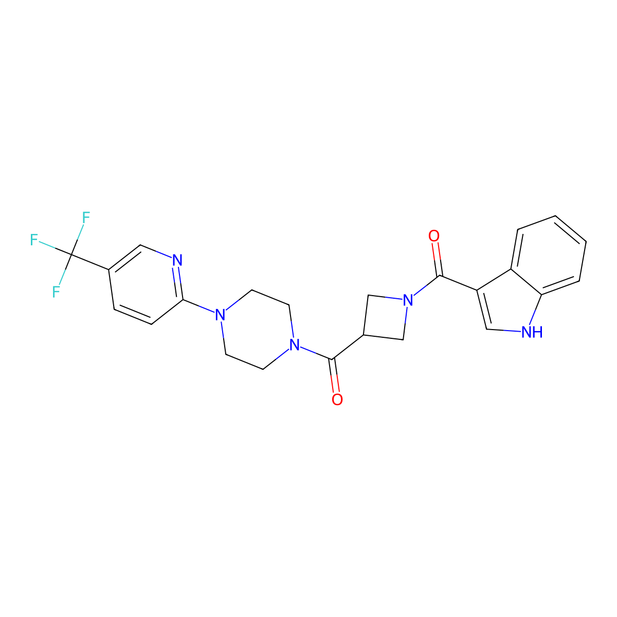 3-(3-{4-[5-(trifluoromethyl)pyridin-2-yl]piperazine-1-carbonyl}azetidine-1-carbonyl)-1H-indole molecular structure, CAS 1706406-57-6