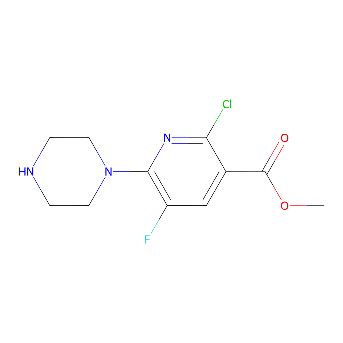 Methyl 2-chloro-5-fluoro-6-(piperazin-1-yl)nicotinate molecular structure, CAS 1706436-63-6