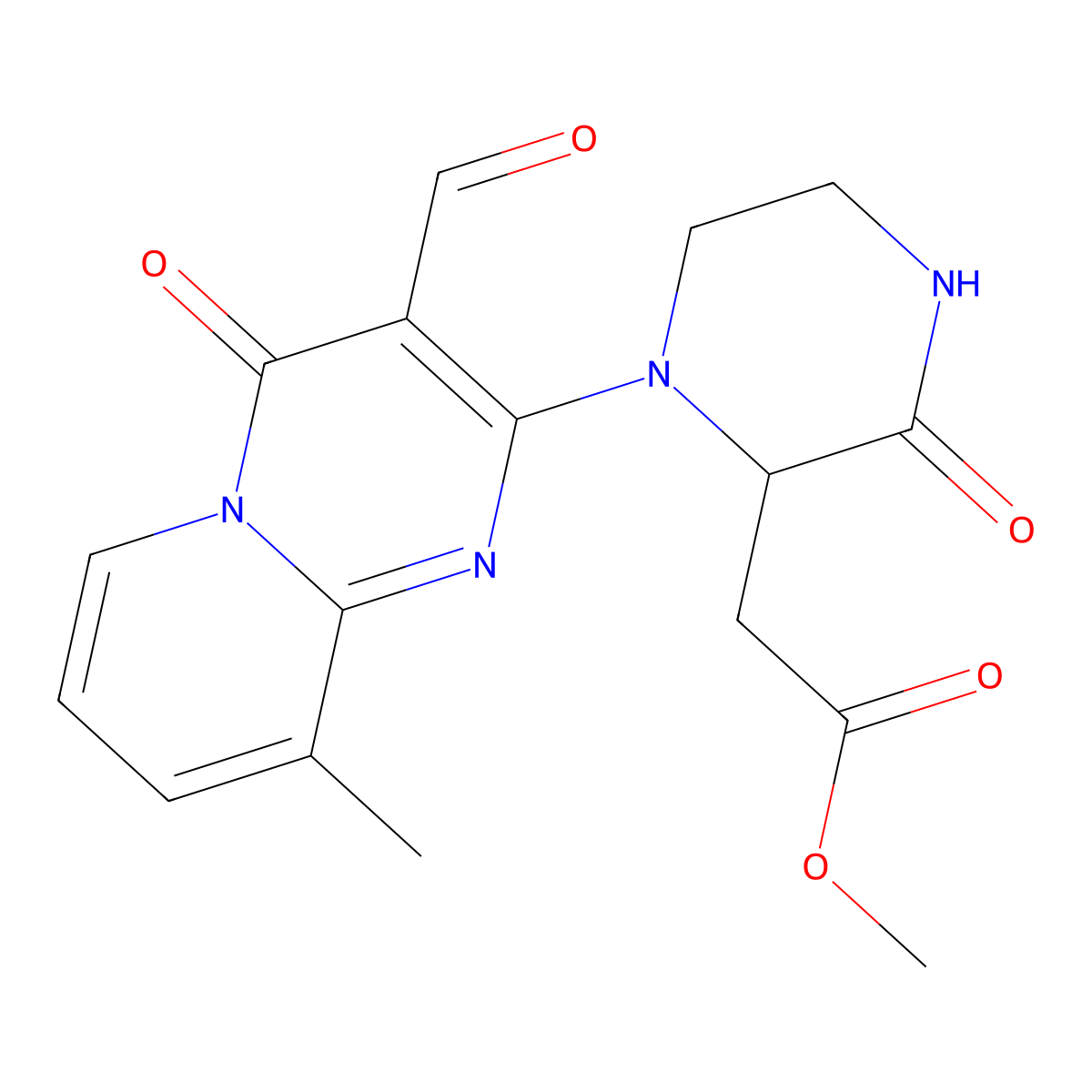 Methyl 2-(1-(3-formyl-9-methyl-4-oxo-4H-pyrido[1,2-a]pyrimidin-2-yl)-3-oxopiperazin-2-yl)acetate molecular structure, CAS 1706667-11-9