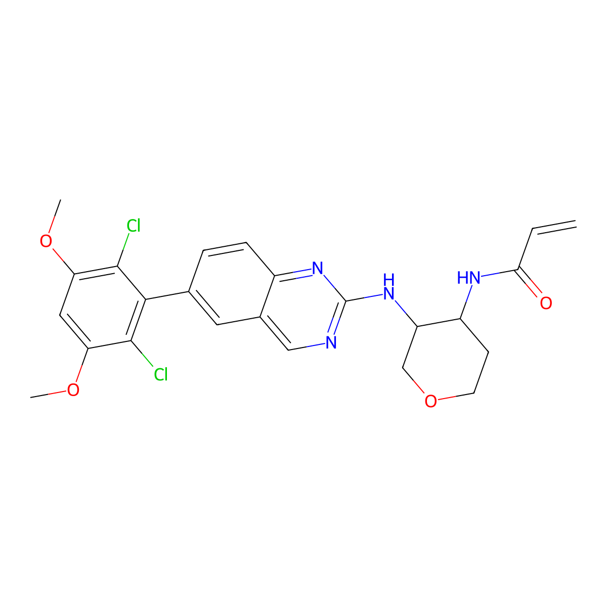 N-((3R,4R)-3-((6-(2,6-dichloro-3,5-dimethoxyphenyl)quinazolin-2-yl)amino)tetrahydro-2H-pyran-4-yl)acrylamide molecular structure, CAS 1707289-24-4