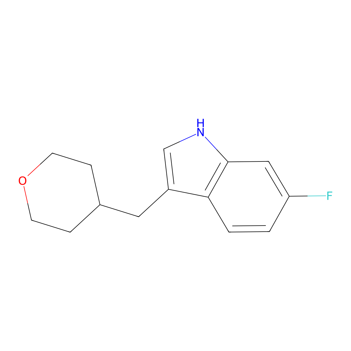 6-Fluoro-3-[(tetrahydro-2H-pyran-4-yl)methyl]-1H-indole molecular structure, CAS 1707369-73-0