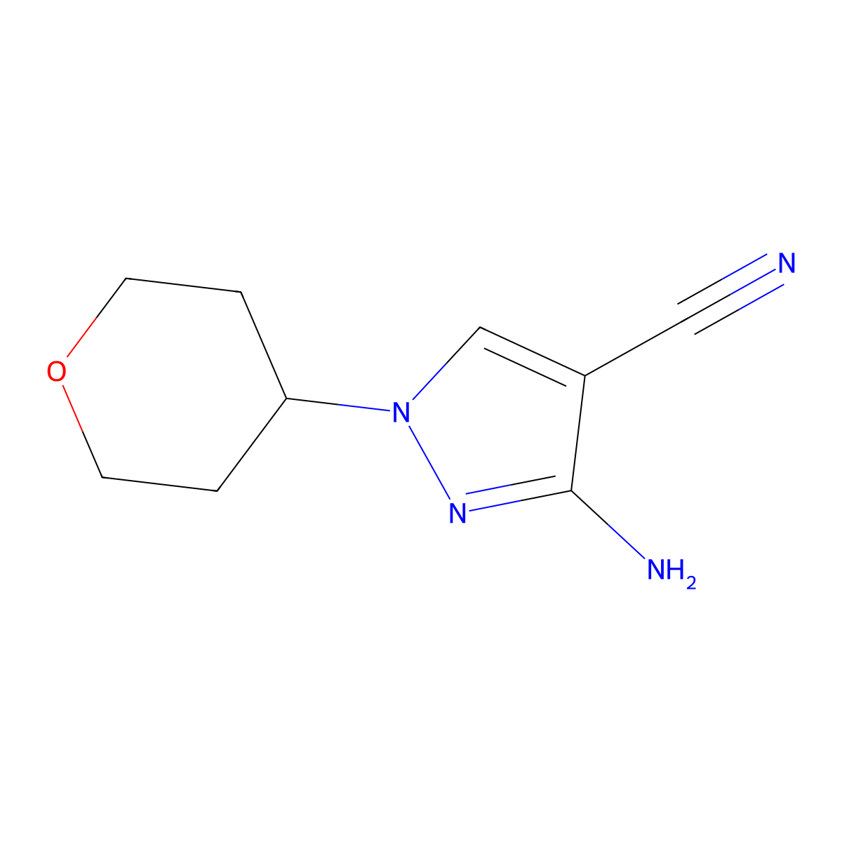 3-Amino-1-(tetrahydro-2H-pyran-4-yl)-1H-pyrazole-4-carbonitrile molecular structure, CAS 1707371-84-3