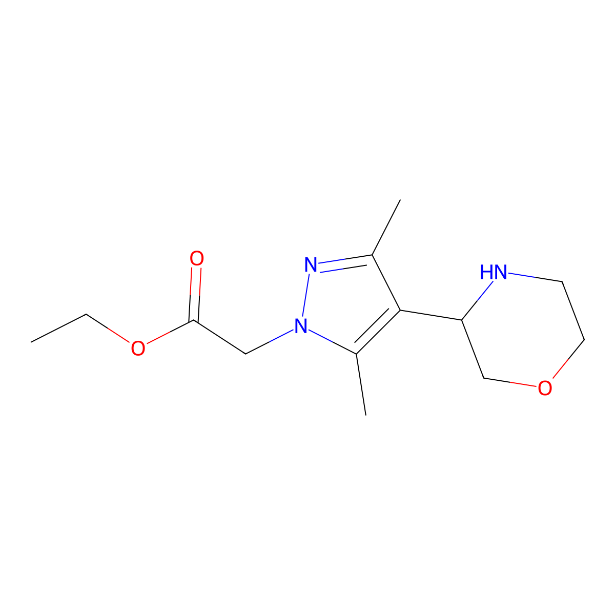 Ethyl 2-(3,5-dimethyl-4-(morpholin-3-yl)-1H-pyrazol-1-yl)acetate molecular structure, CAS 1707379-64-3