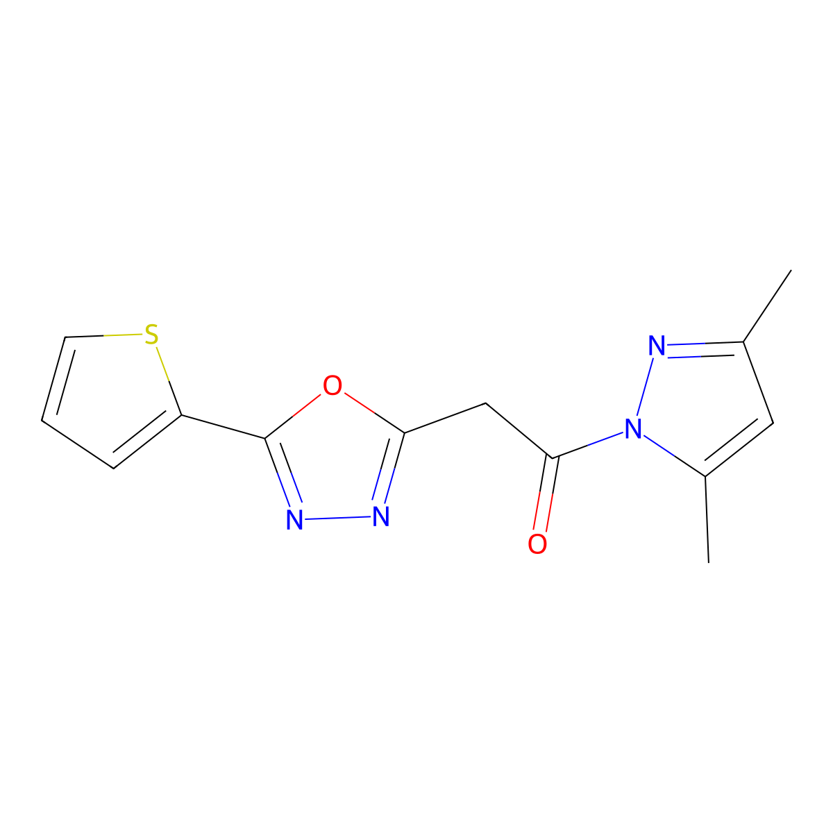2-[2-(3,5-dimethyl-1H-pyrazol-1-yl)-2-oxoethyl]-5-(2-thienyl)-1,3,4-oxadiazole molecular structure, CAS 1707392-23-1