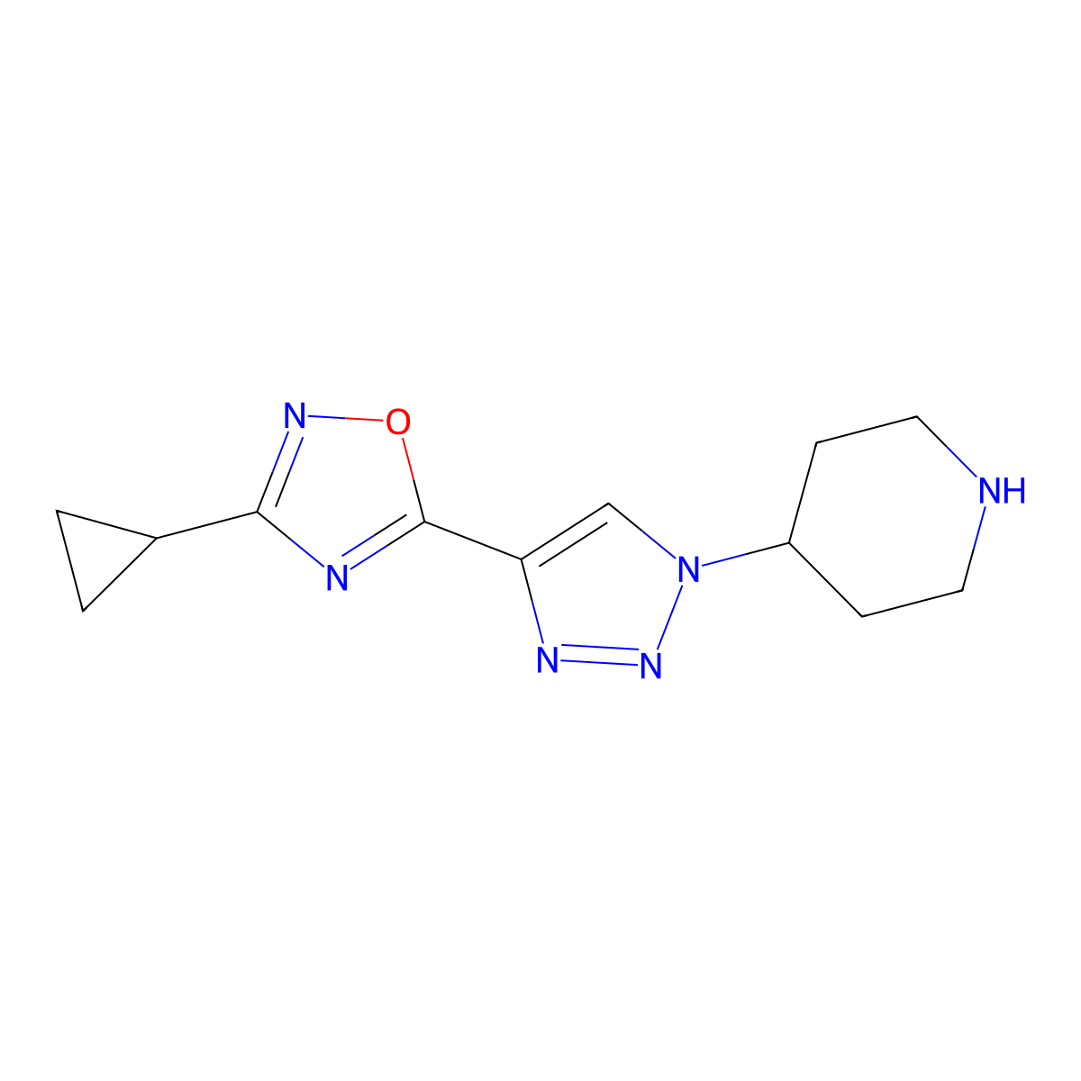 4-[4-(3-Cyclopropyl-1,2,4-oxadiazol-5-yl)-1,2,3-triazol-1-yl]piperidine molecular structure, CAS 1707399-31-2