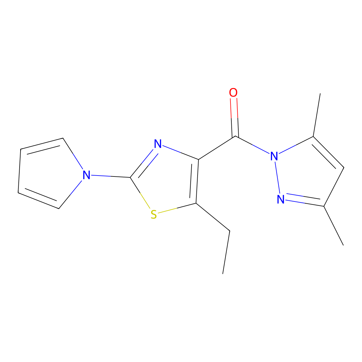 (3,5-Dimethyl-1H-pyrazol-1-yl)(5-ethyl-2-(1H-pyrrol-1-yl)thiazol-4-yl)methanone molecular structure, CAS 1707562-55-7